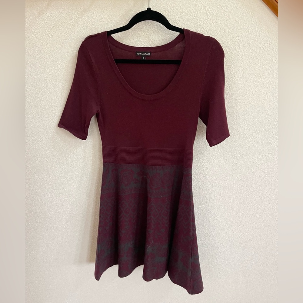 Nina Leonard Burgundy, Gray Fit & Flare Sweater Dress 3/4 Sleeves Size SM
